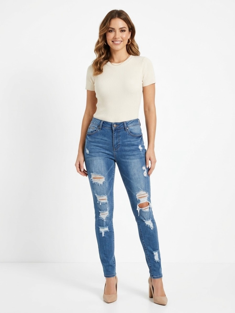 J&C Distressed Skinny Jeans Women’s 5 | Medium Wash Stretch Denim